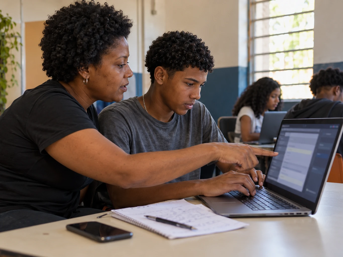 Imagem ilustrativa: uma instrutora aponta para a tela de um notebook enquanto um jovem digita; ao fundo, outros estudantes trabalham nos seus computadores