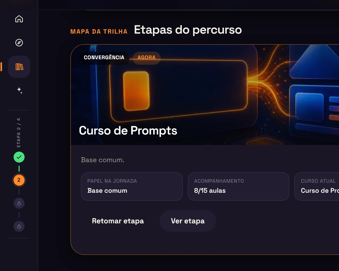 Mapa da trilha na plataforma de cursos, em tema escuro: o Curso de Prompts em andamento com 8 de 15 aulas, a etapa de entrada Empreendedorismo concluída, a especialização com IA e a próxima fase ainda bloqueadas e, abaixo, as artes das quatro especializações: Programação com IA, Design com IA, Vídeo com IA e Copywriting com IA