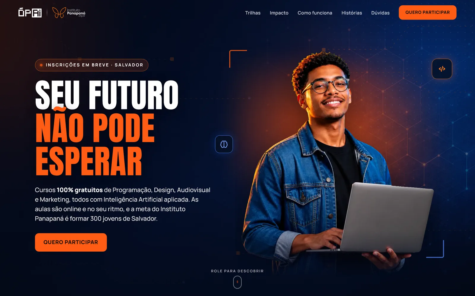 Página inicial da plataforma de cursos, com a chamada para cursos 100% gratuitos de Programação, Design, Audiovisual e Marketing